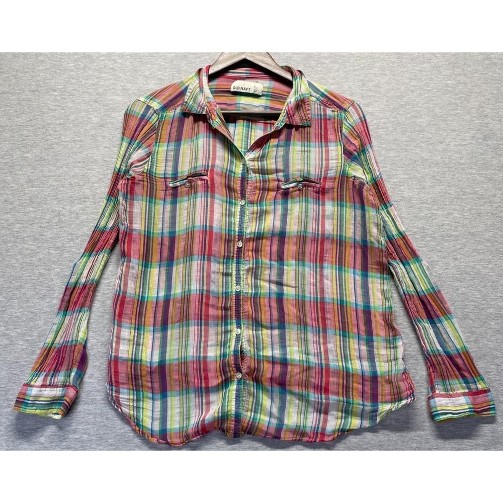 Old Navy Shirt Womens Large Multicolor Plaid Cotton Collared Long Sleeve Casual